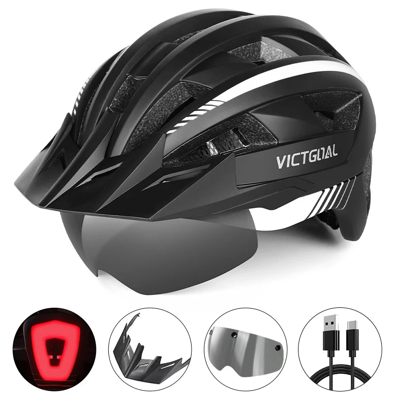 Safety Helmet,Men Women Visor Goggles LED Rear Light,Mountain,Bicycle  Racing Cycling Helmets