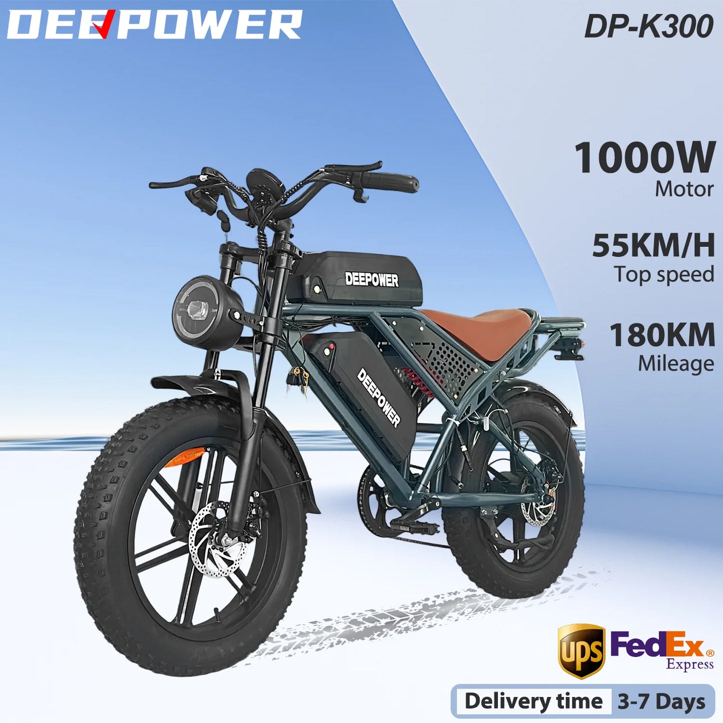 E-Bike QS7 1000W 48V 60AH 20 Inch Fat Tire, Adults Mountain Off-Road Dual Batteries E-Bicycle