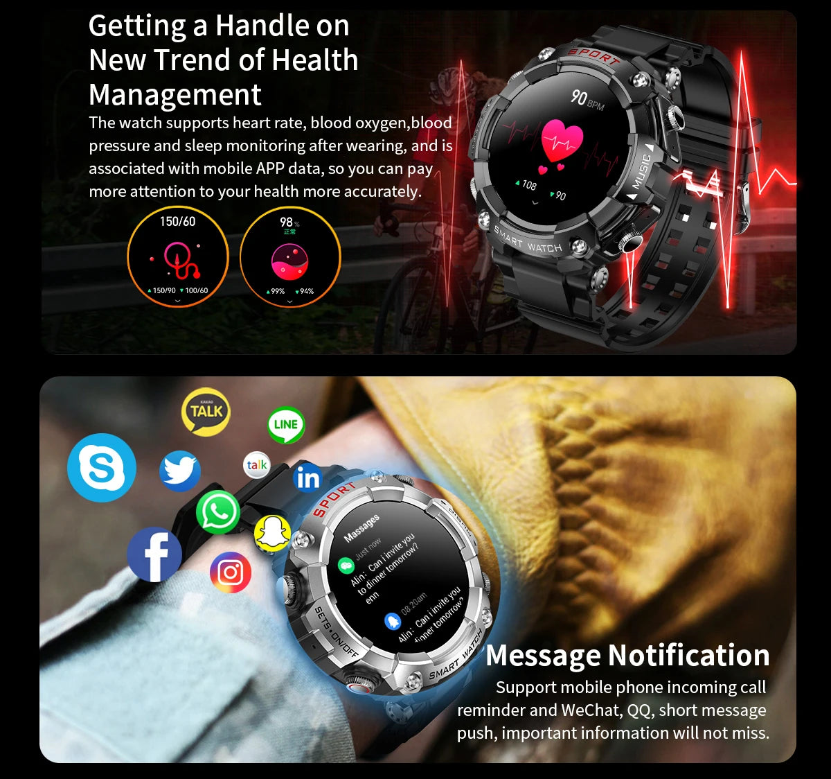 Smart Watch AMOLED Display In-Ear Bluetooth Headset Heart Rate Blood P, Oxygen Sat. Monitoring HD