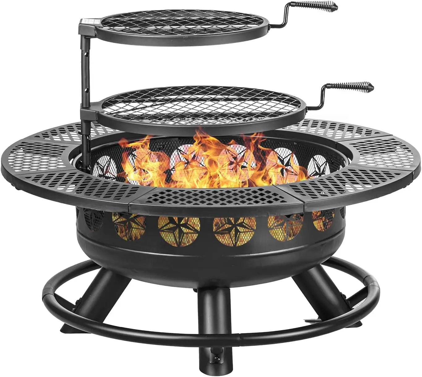 36 Inch Fire Pit,2 Cooking Grills,Outdoor Wood Burning BBQ Firepit with Lid, 3-in-1 Fire Pit