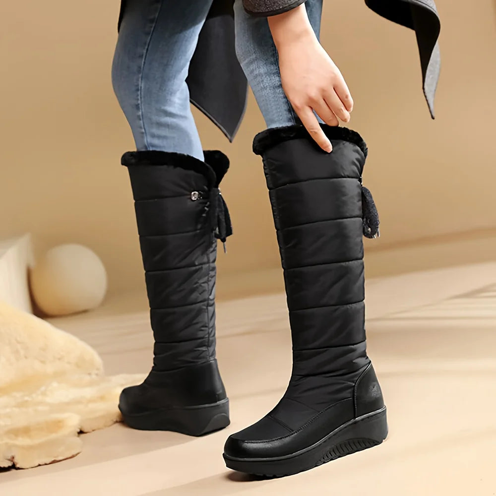Women's Fuzzy Faux Fur Winter Snow Boots Fashion Wedges pull On Waterproof casual Comfy Knee High