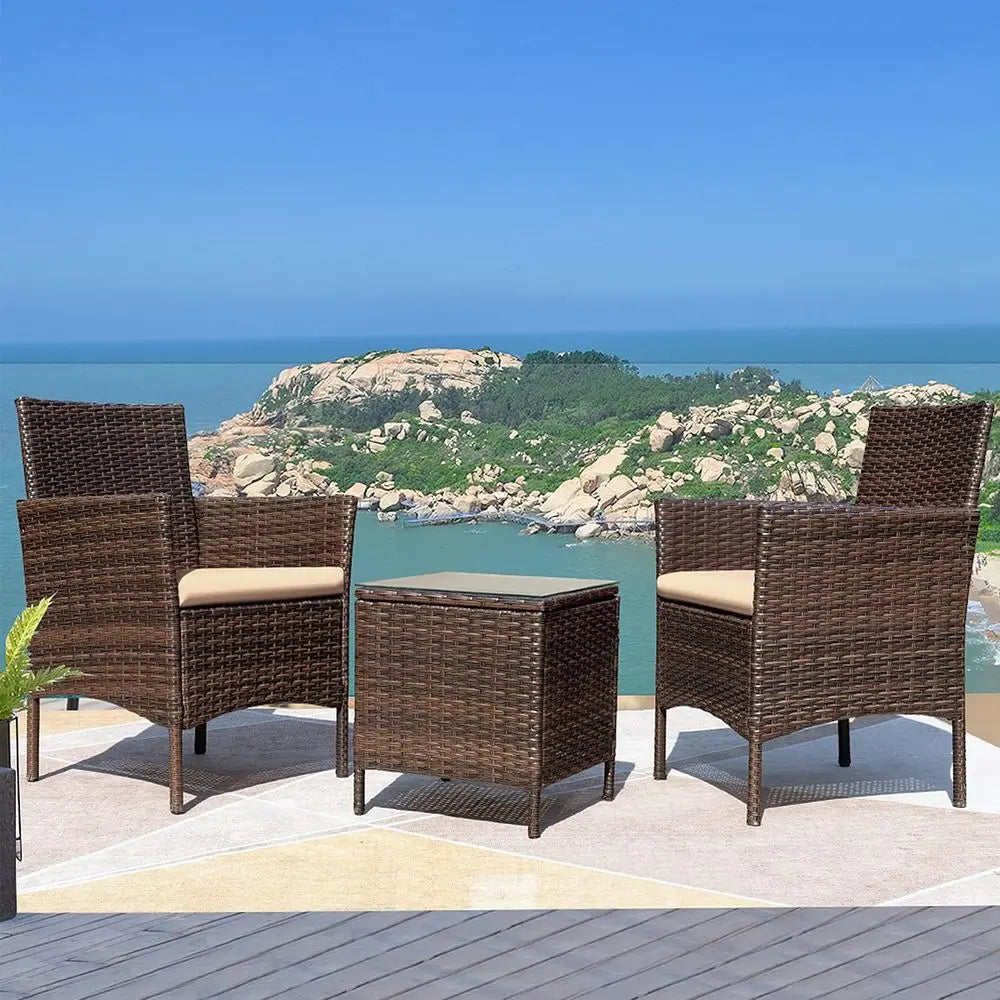 3-Piece Outdoor PE Rattan Patio Furniture Set with Cushions and Glass Coffee Table, Brown & Beige