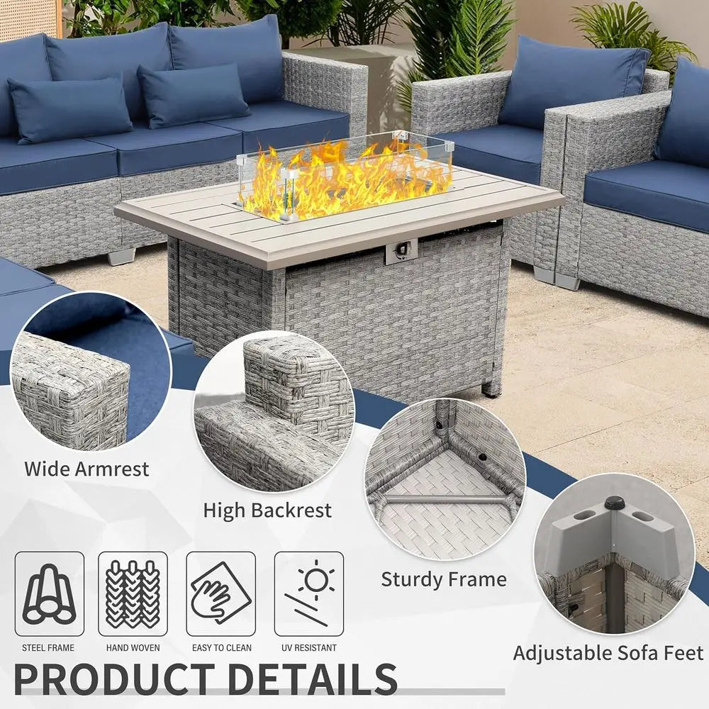 6-Piece Grey PE Rattan Outdoor Sectional Sofa Set with Fire Pit Table and Navy Blue Cushions