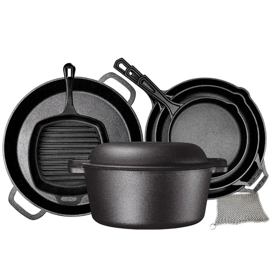 8 piece cast iron camping cookware - durable POTS covers, cooking -home or camping