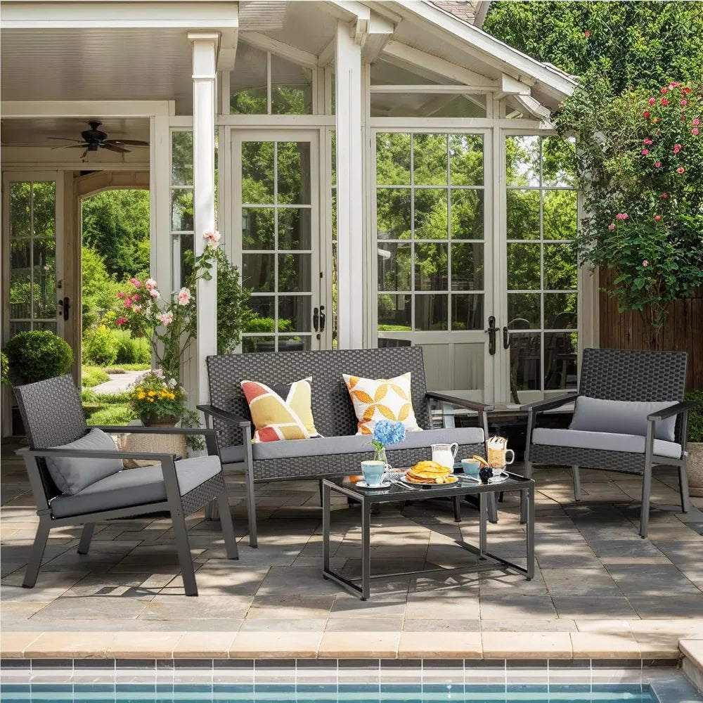 Outdoor Wicker Patio Furniture Set with Deep Seating Cushions ,Table,Balcony, Backyard, porch