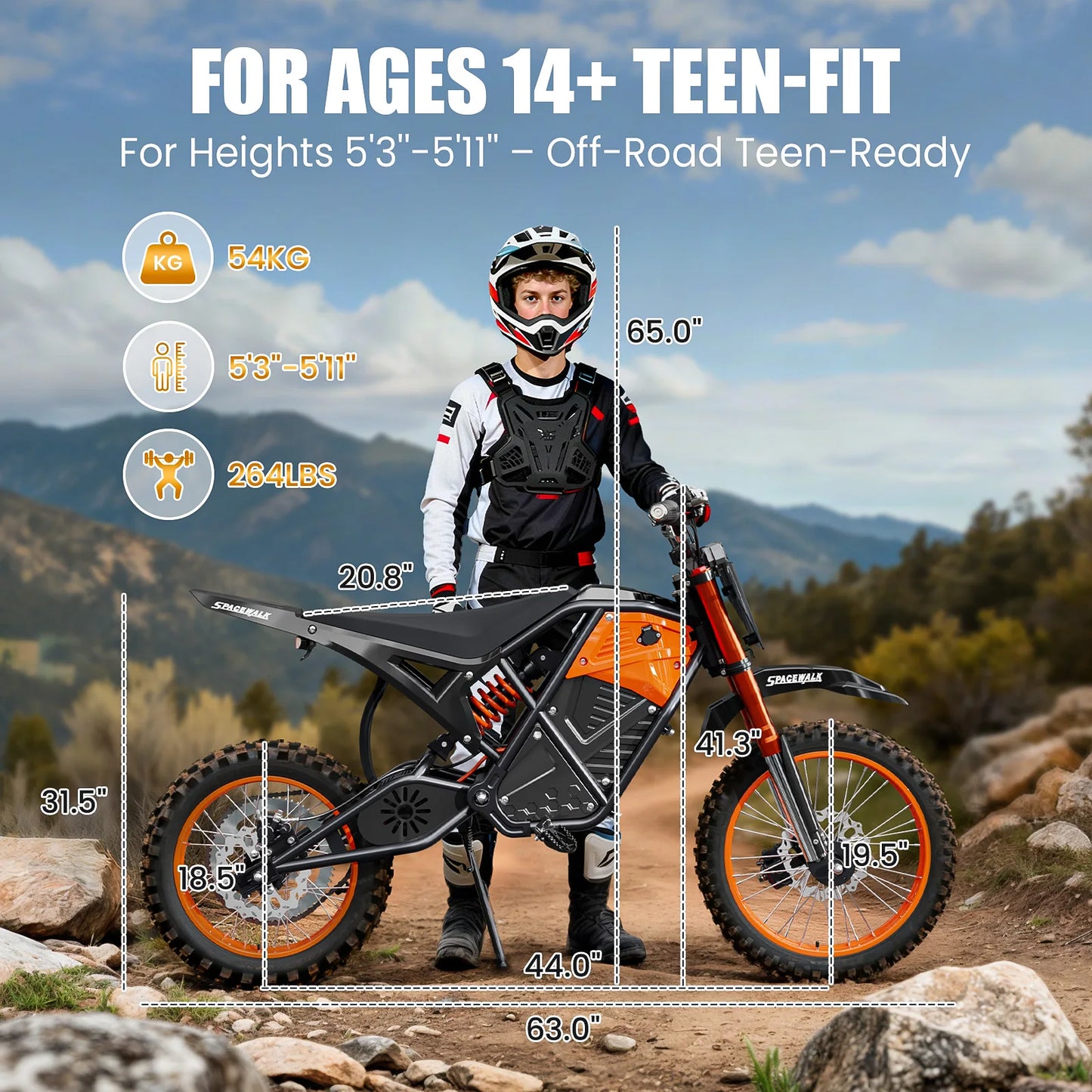48V E-Dirt Bike, Adults, 3000W Peak Power,14"/12" Fat Tire, 37.5MPH 60 Miles Range