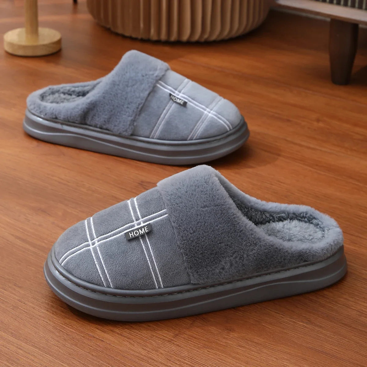 Men Home Slippers Plaid Memory Foam Winter Plush Warm Non-Slip Black Large size 50-51 Fashion