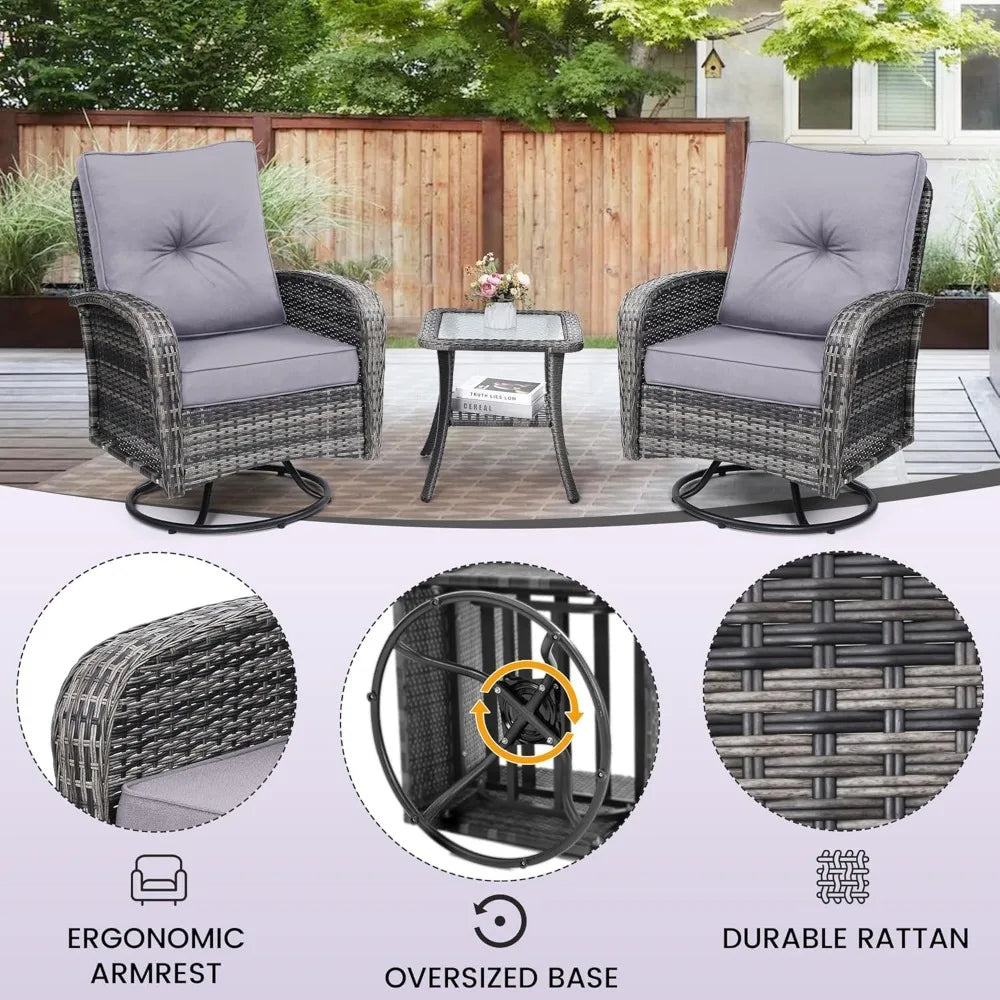 2 Luxury Outdoor Swivel Wicker Glider Chairs, Table, Overstuffed Washable Cushions,  Porch,Deck