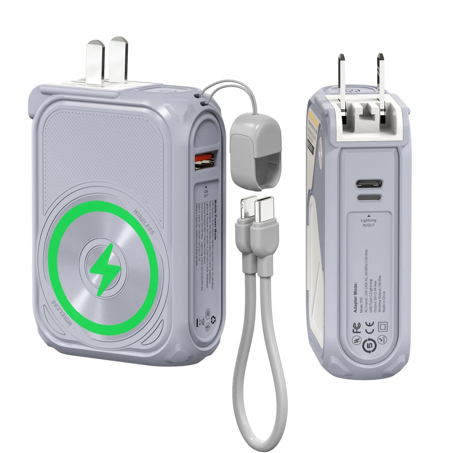 Fast Charging 10000mAh Magnetic Wireless Power Bank USB Type-C Detachable Data Cable Phone Holder