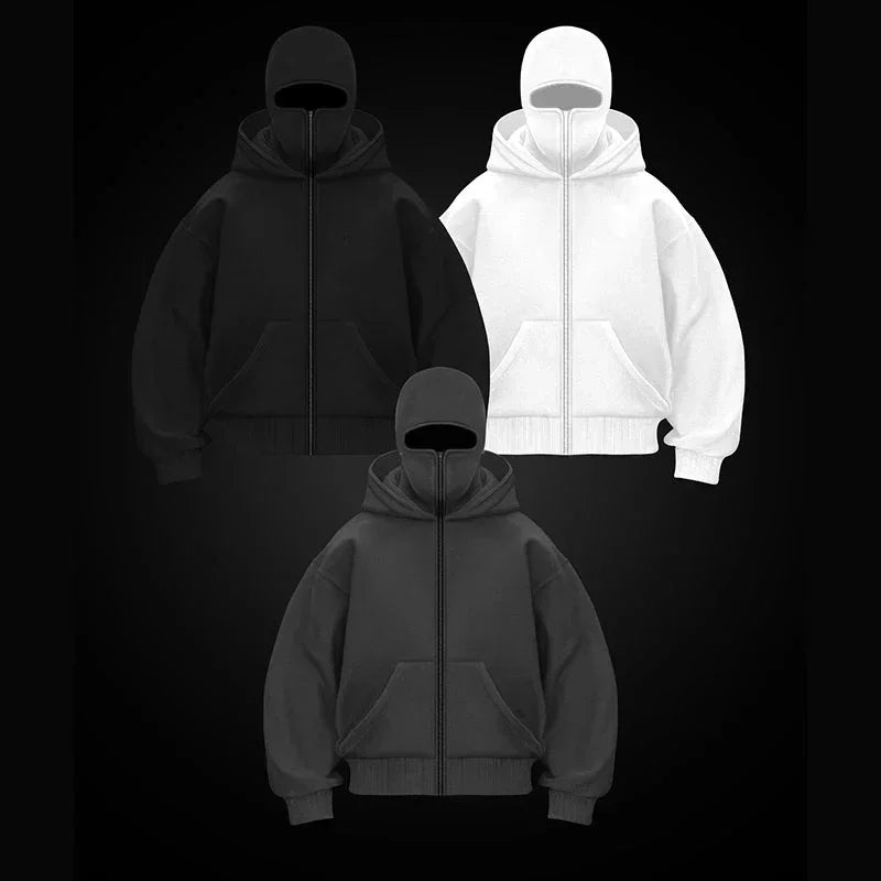 Men/women Balaclava Y2K Gothic winter Warm, double hooded sweatshirt men's mask zipper sports Jacket