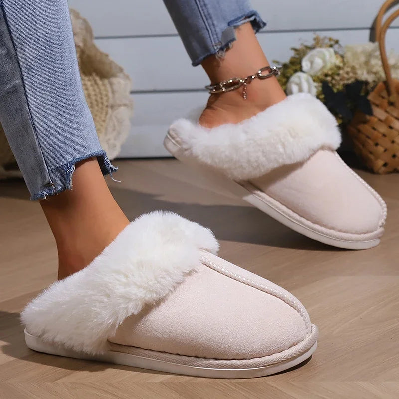 2025 Winter Warm Flat Fur Slippers Women Faux Suede  Slides Comfort Non Slip Indoor FloorCotton