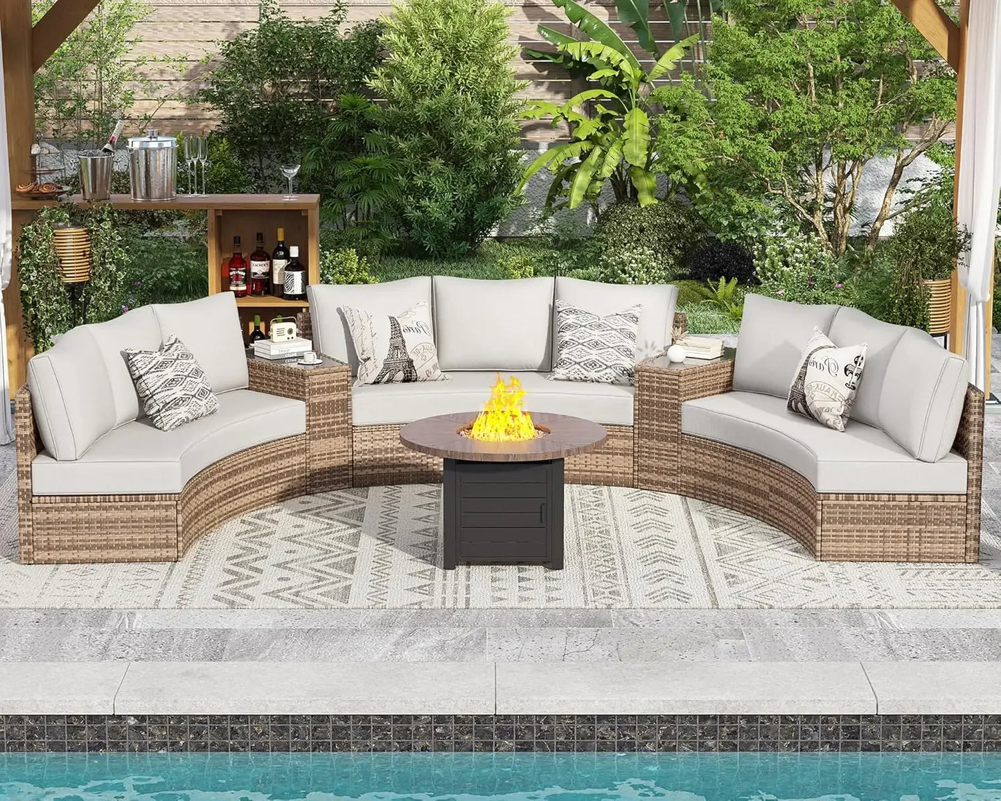 Patio Set,11 Piece Half-Moon Sectional Round Patio Furniture Set,Storage Wedge Table,for Backyard