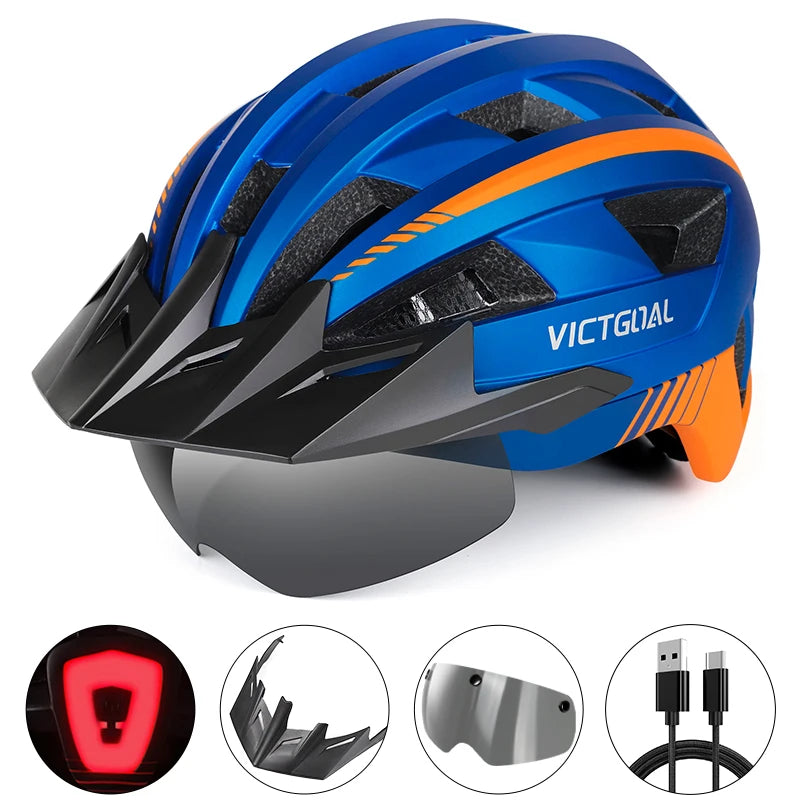 Safety Helmet,Men Women Visor Goggles LED Rear Light,Mountain,Bicycle  Racing Cycling Helmets