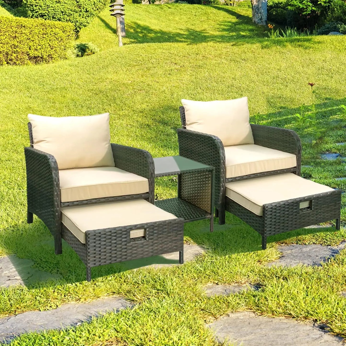 Balcony Furniture 5 Piece Patio Conversation Set, PE Wicker Rattan .Soft Cushions 2, Customized