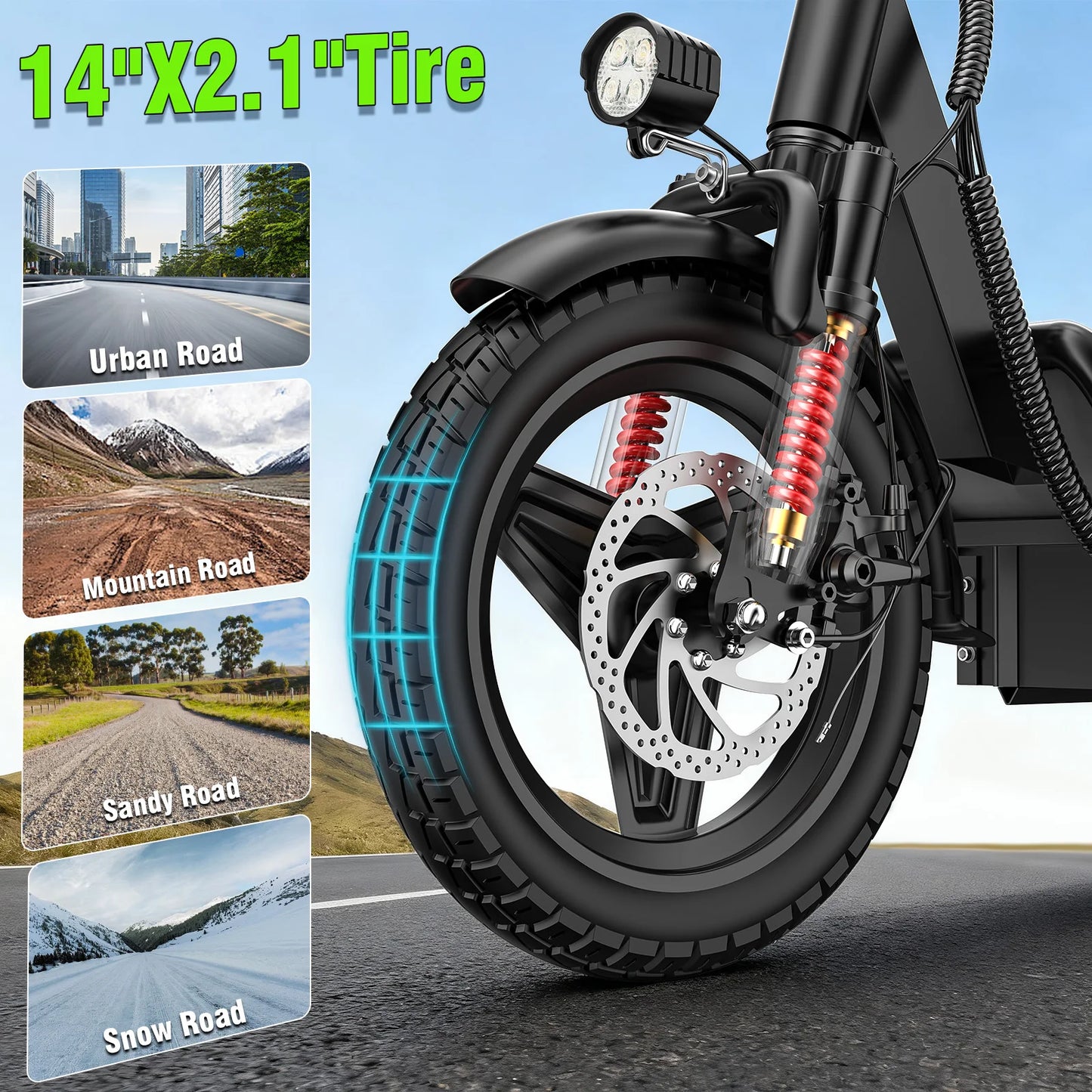 E-Bike, 500W48V15AH, 30MPH 14 inch E-Bike, 500lbs Load-bearing Multiple Shock Absorbers, Basket