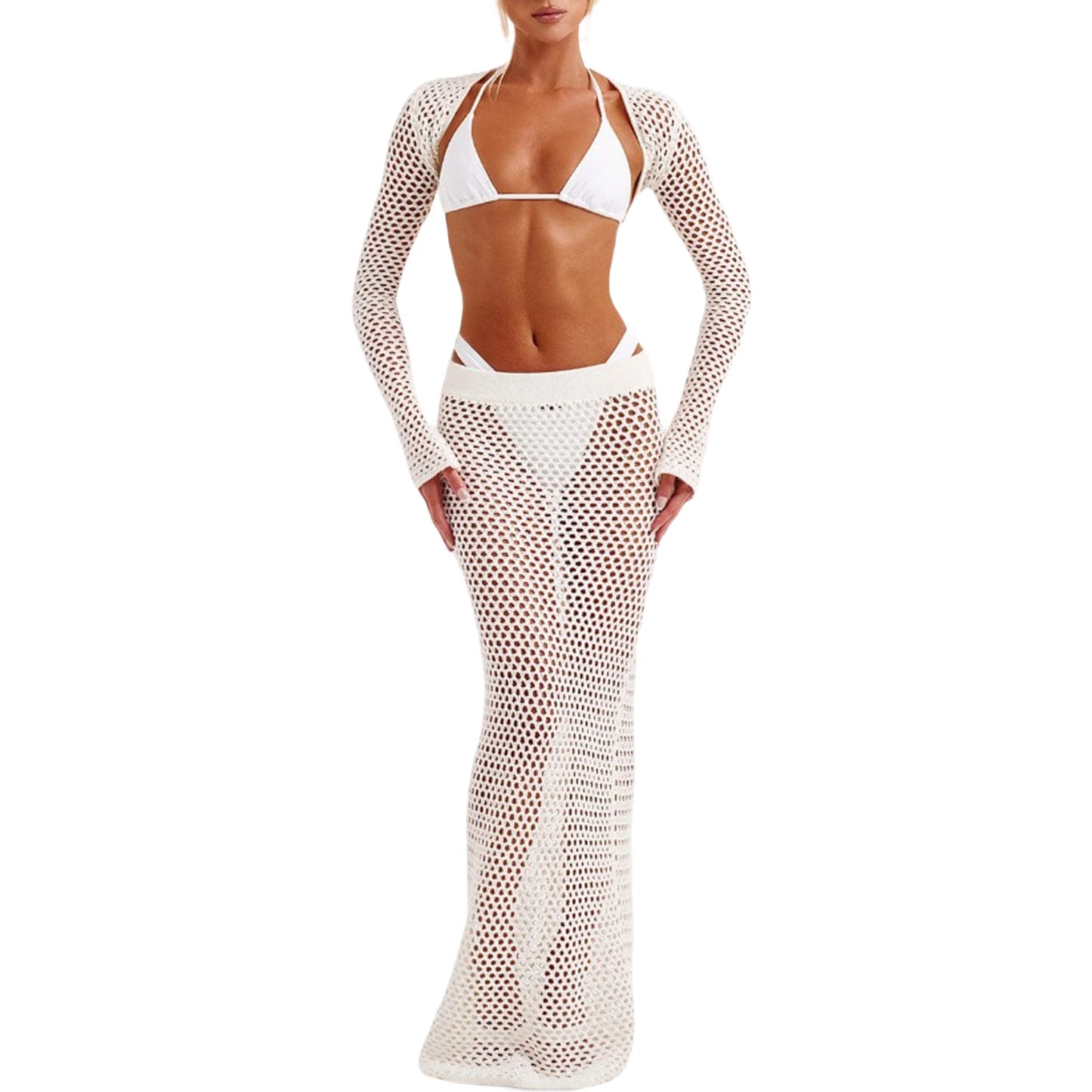 Women s 2 Piece Swimsuit Set Long Sleeve Shrug Tops Elastic Waist Beach Cover Up Skirt Outfits r