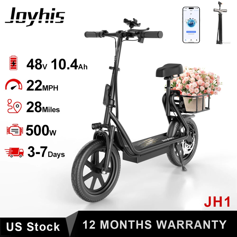 E-Scooter,w/Seat, Adult, 20MPH Speed Power by 500W Motor, 48V/10.4Ah Wider Deck & Height &basket