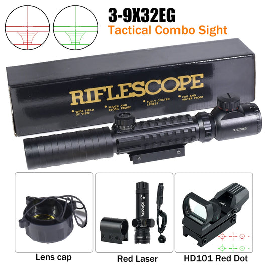 3-9X32EG Riflescope Laser Red Dot 3 in 1 Combo Optic Sight Red Green Illuminated Reflex 4 Reticle