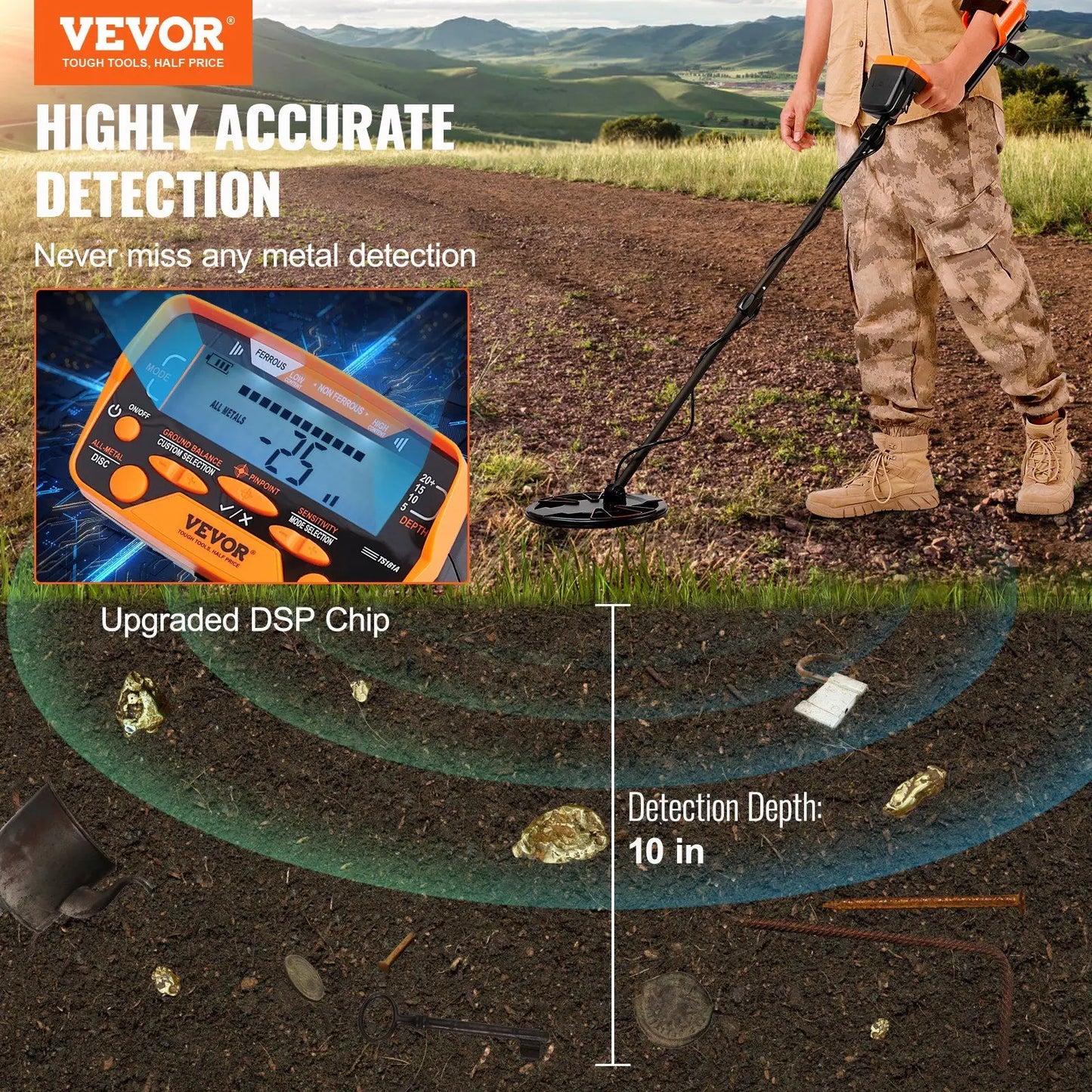 "10" metal detector – 7 modes, 10" depth, waterproof. For adults/kids."