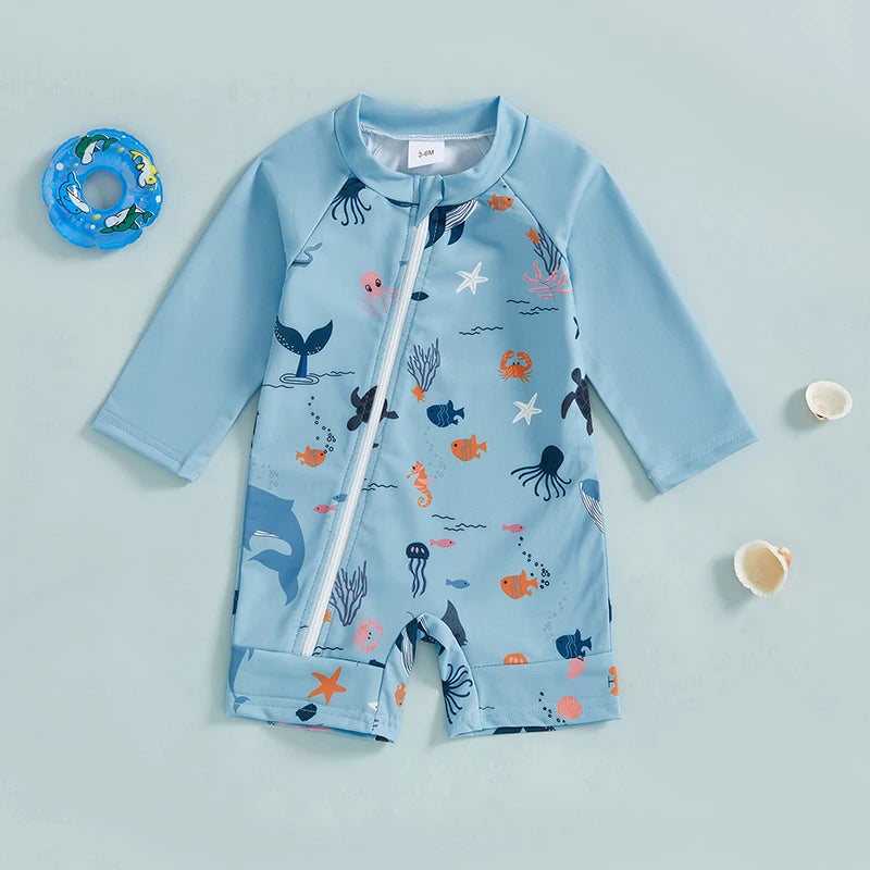 Toddler Boy UV Protection Rash Guard Swimsuit Set with Long Sleeve Zip Animal Print