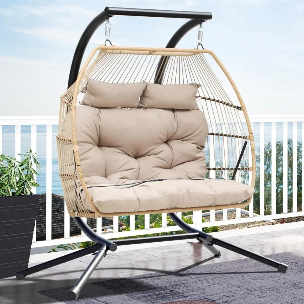 2 Person Hanging Egg Swing Chair,W/Stand, Wicker Indoor Outdoor Hammock, Cushions 550lbs, Patio