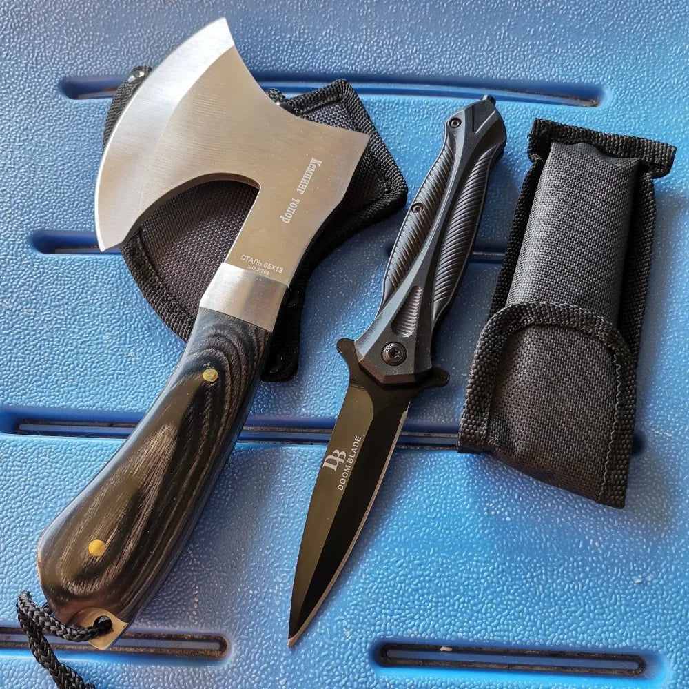 Stainless Steel Axe & Folding Knife Combo Set: High-Performance Outdoor Adventures, Camping & Hiking