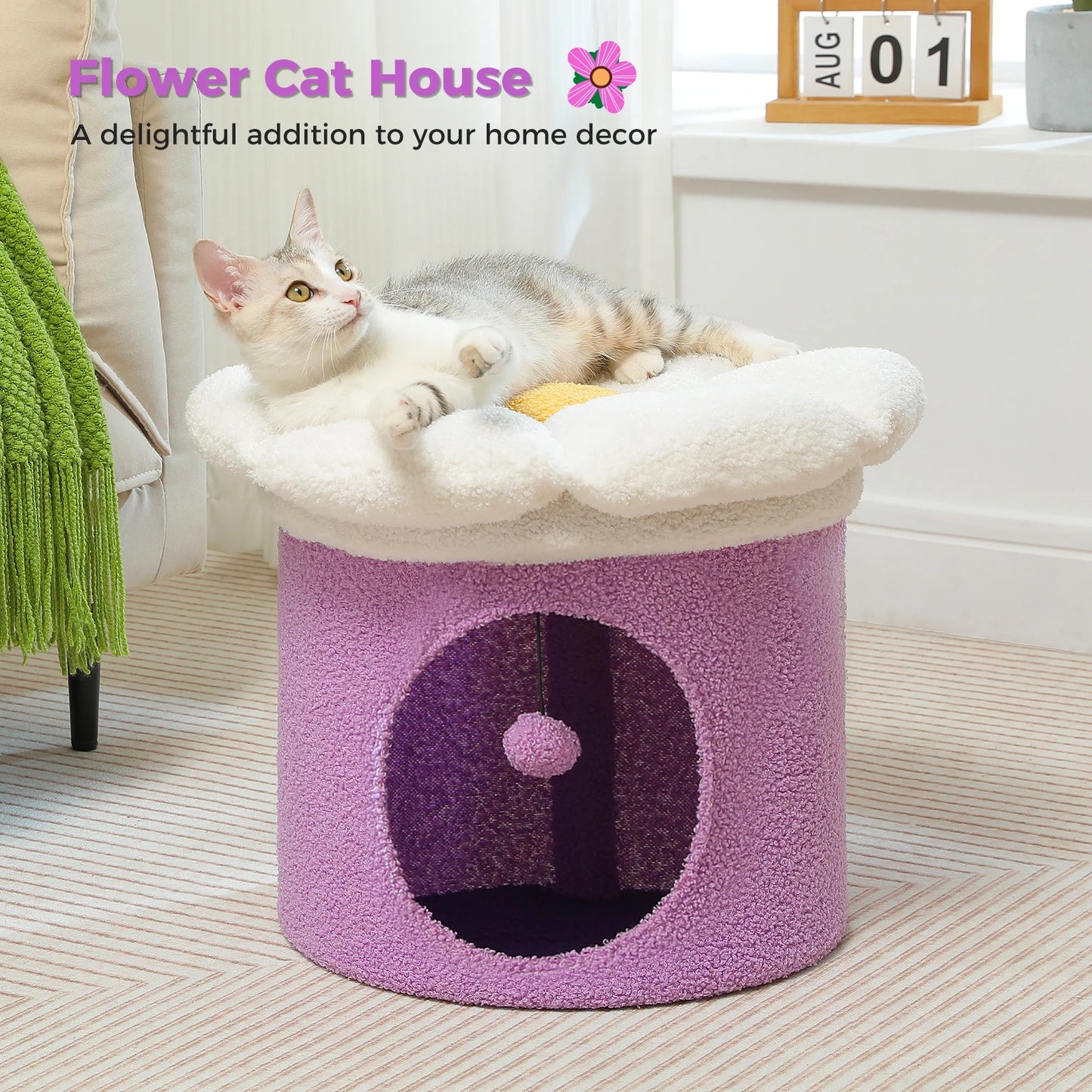 Cat Bed , up to Large Cat ,Removable Flower ,Cave Cat Hideaway, Indoor Cat House Condo