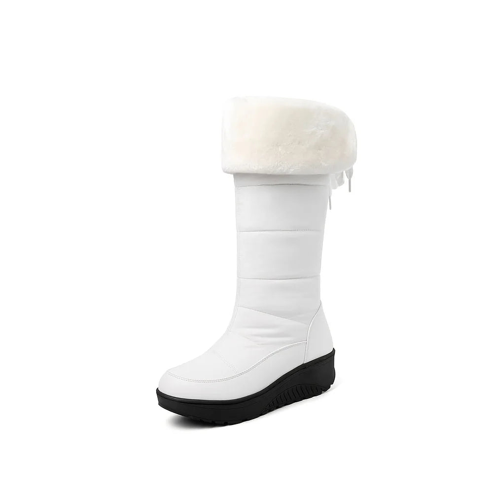 Women's Fuzzy Faux Fur Winter Snow Boots Fashion Wedges pull On Waterproof casual Comfy Knee High