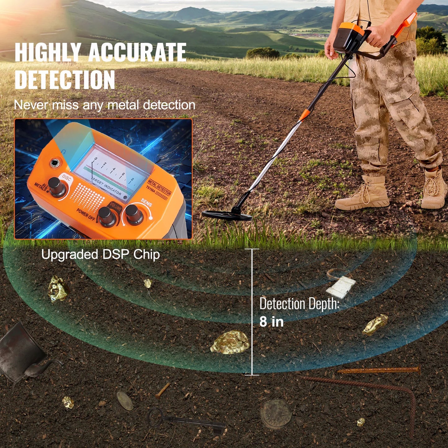 Metal Detector 8 Inch Waterproof Search Coil,High Accuracy Pointer Display Adjustable 38''-49'' Alum