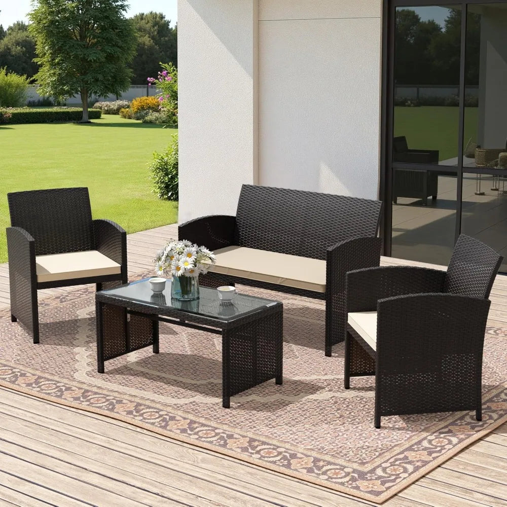 Premium 4-piece patio, wicker conversation set, 2 rattan chairs1 loveseat 1 coffee table remove cush
