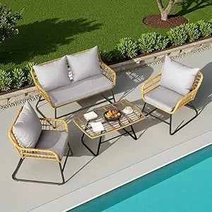 Outdoor Patio Set 4 Pieces, Wicker,Soft Cushion & Coffee Table, Rattan Bistro Set Patio Set Chairs