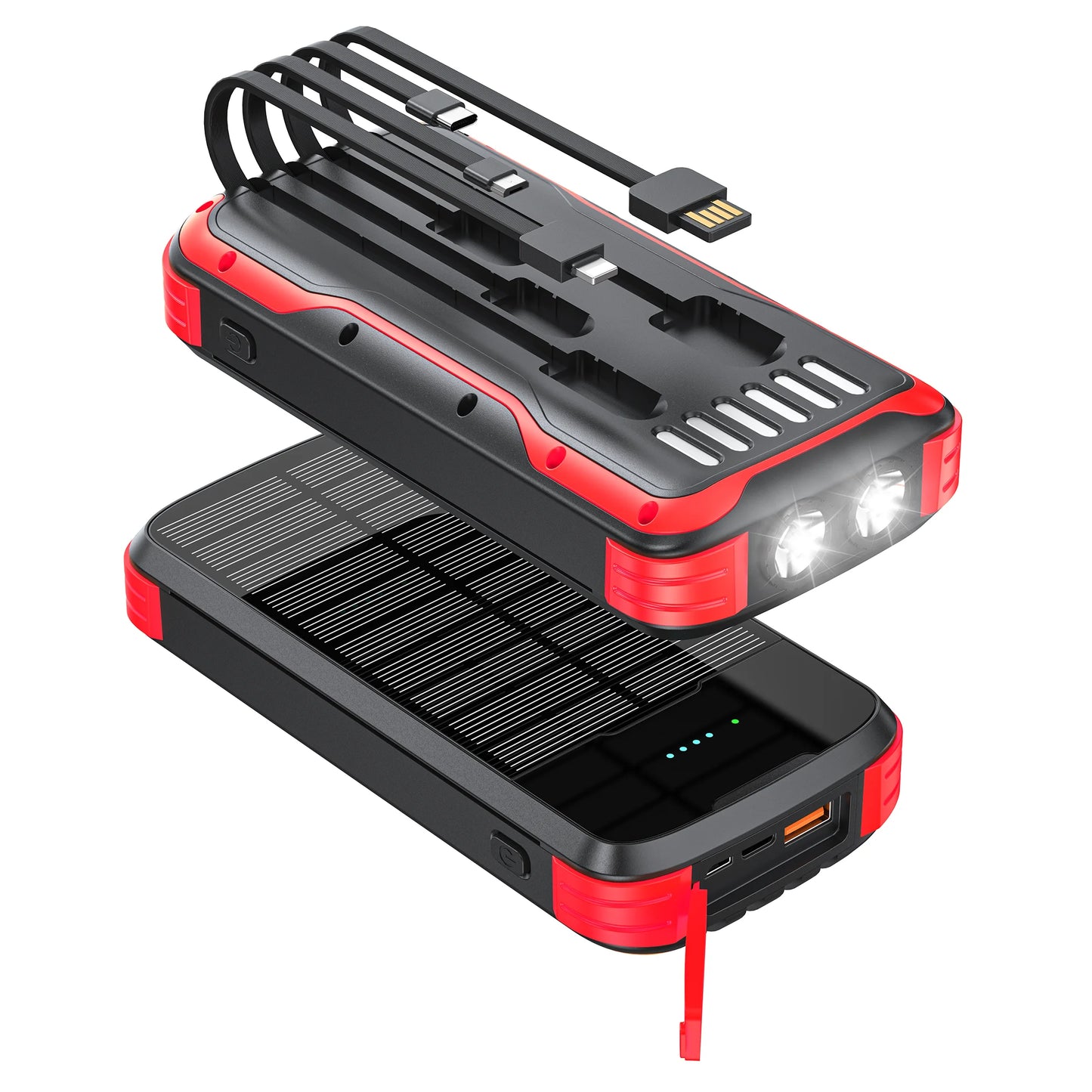 Solar-Power-Bank-Charger, 40000mAh Portable Phone Charger Built in 4 Cables /Output, PD 20W Fast