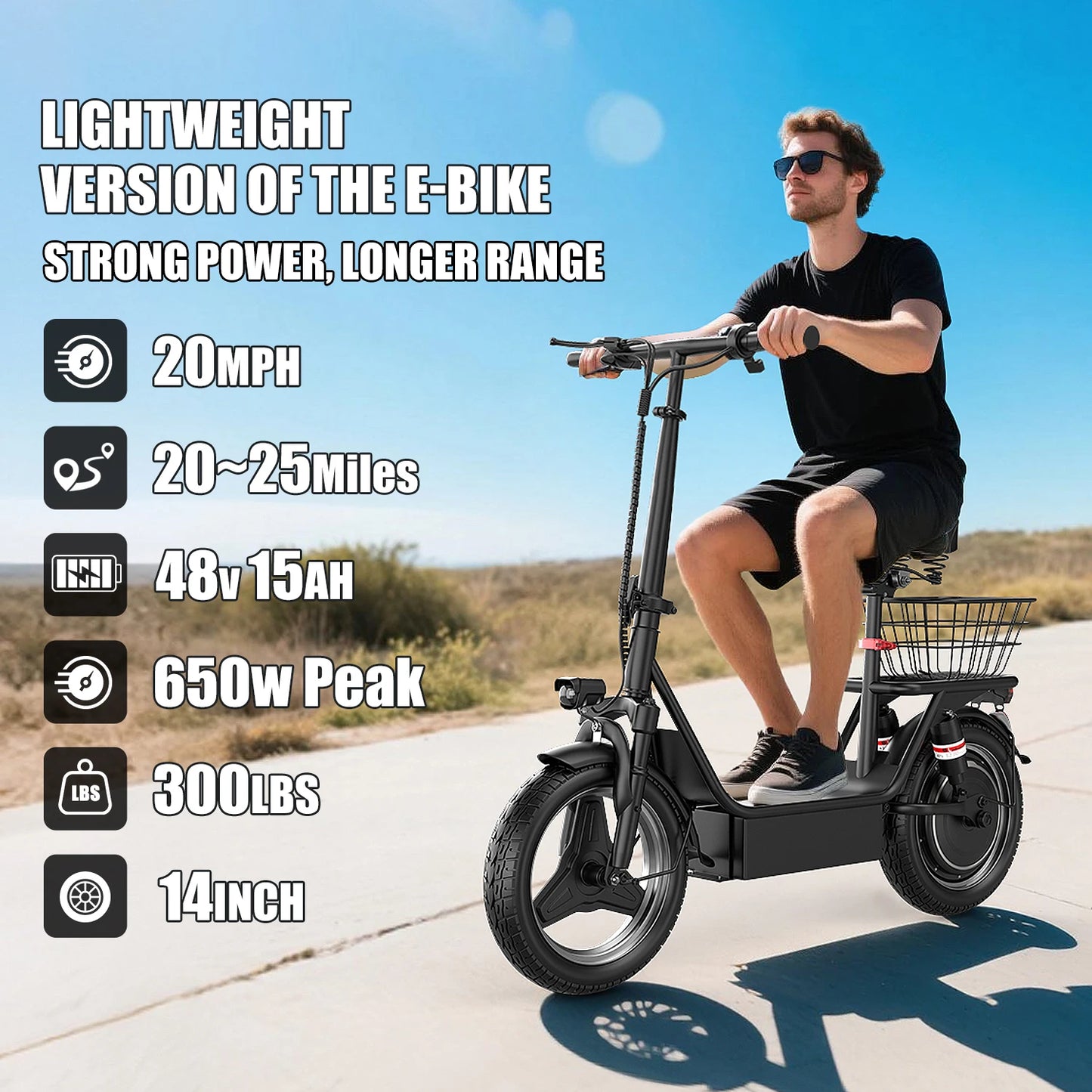E-Scooter Adults,650W Peak Motor,48V15AH Battery, Seat,Up to 20MPH,25Miles Long Range,With Basket