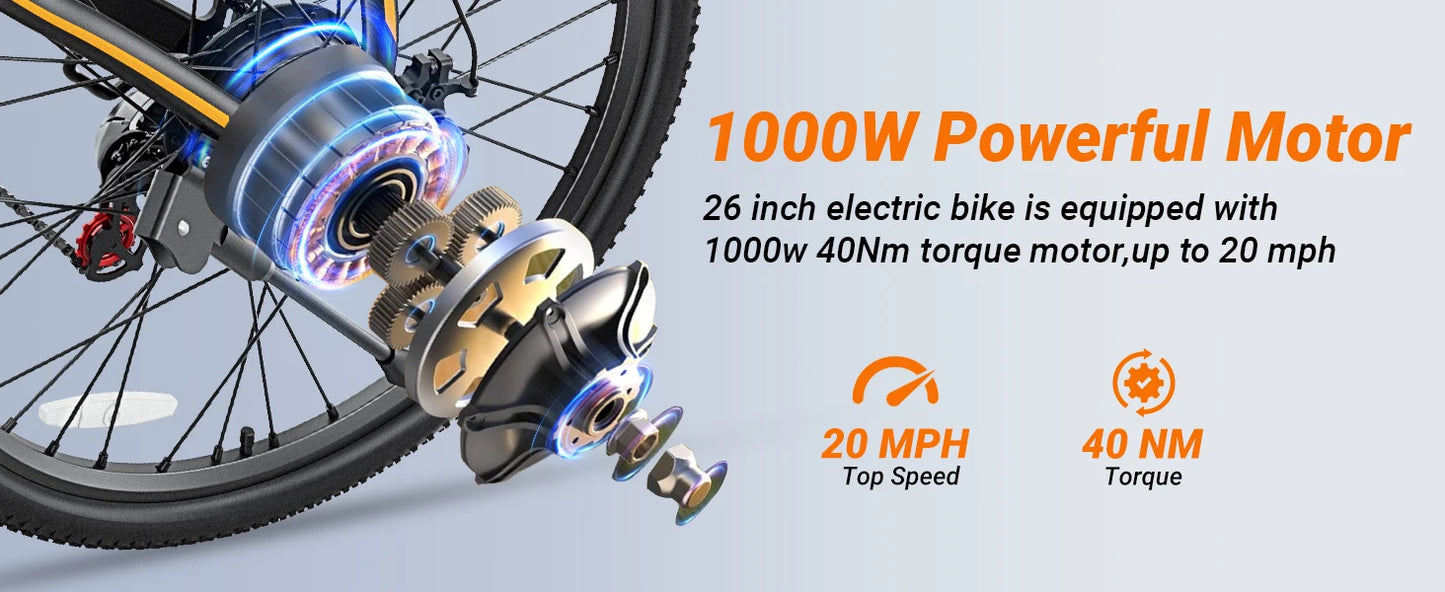 M26 Electric Bicycle Peak 1000W Motor 360WH Lithium Battery  26 Inch city E-bike