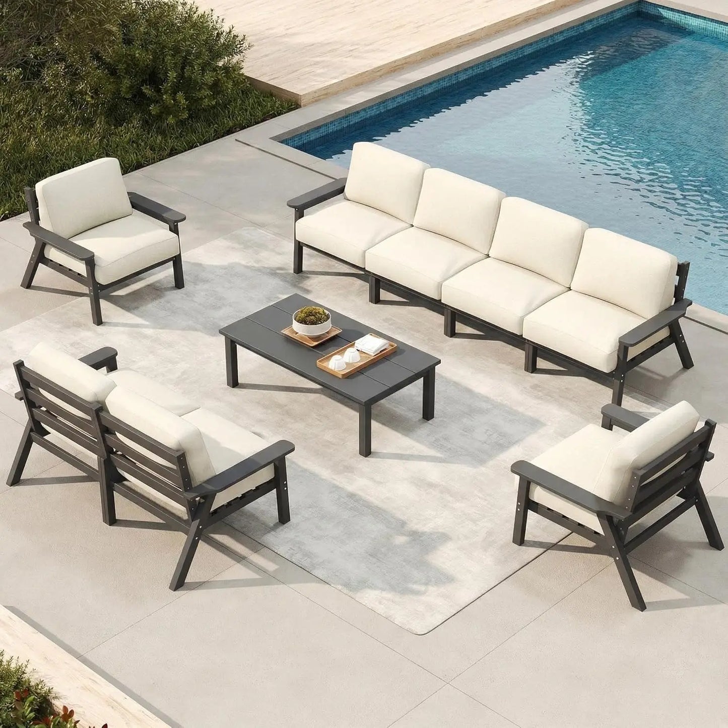 Patio Set 8 Seats, Outdoor Sectional, Beige Washable Thick Cushions, Coffee Table, Patio