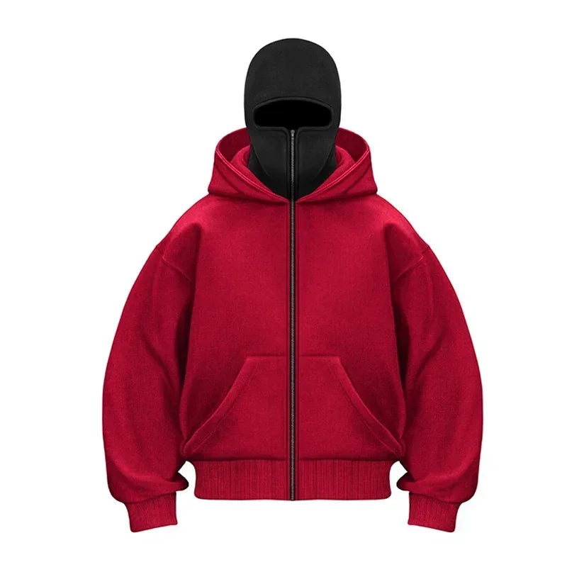 Men/women Balaclava Y2K Gothic winter Warm, double hooded sweatshirt men's mask zipper sports Jacket