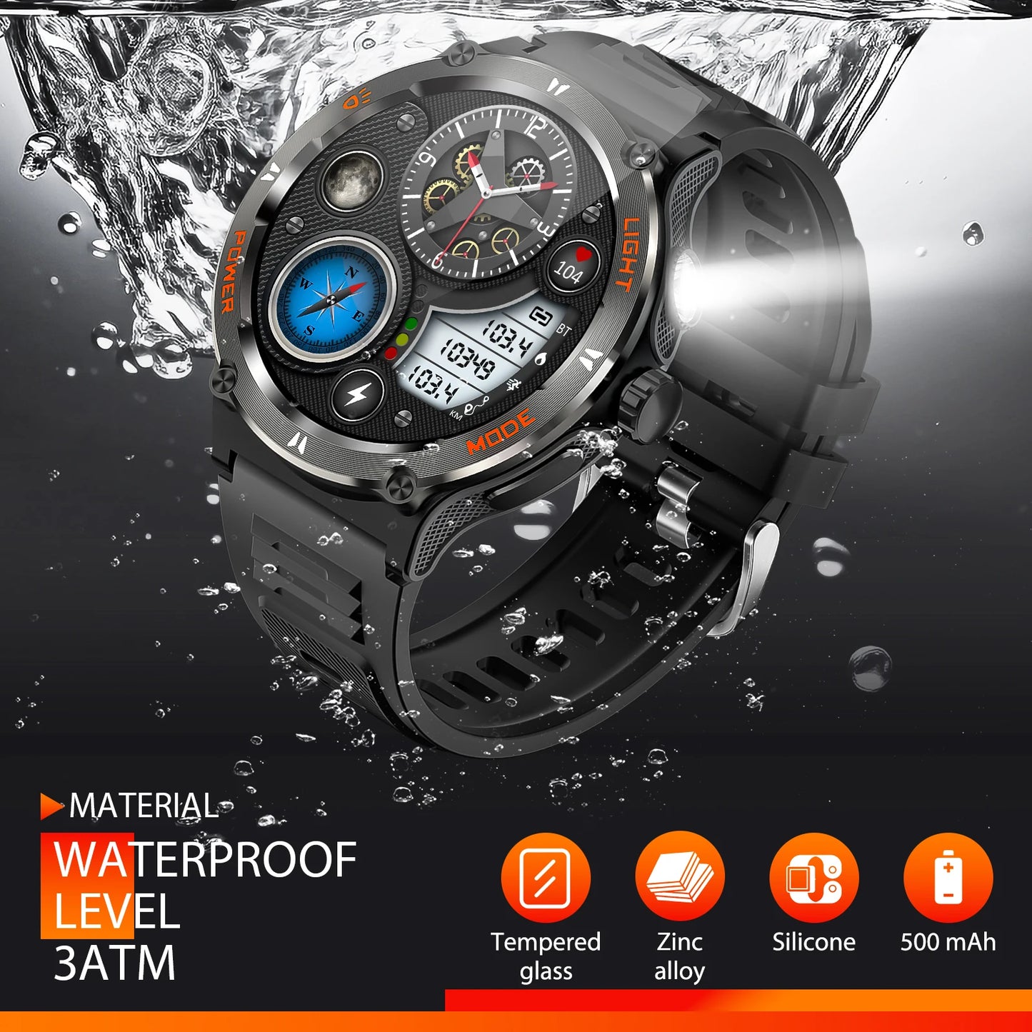 Smart Watch 3ATM Waterproof 1.53" KT76, Compass, LED Flashlight Heart Rate Sleep Analysis Bluetooth