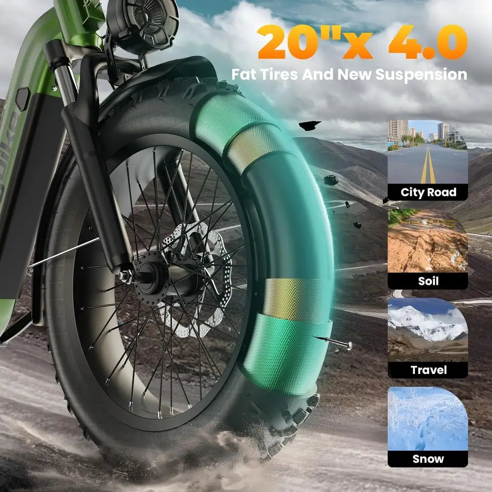 Adult E-Bike 1500W, 48V 20/60Ah Remove Battery, 80 Miles Range, 30MPH, 20'' Fat Tires, UL Certified