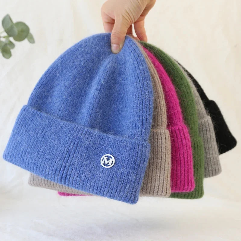 2024 Fluffy  Angora Hat Rabbit Fur Warm Winter Cashmere Wool Soft  Beanies Knitted Outdoor Female