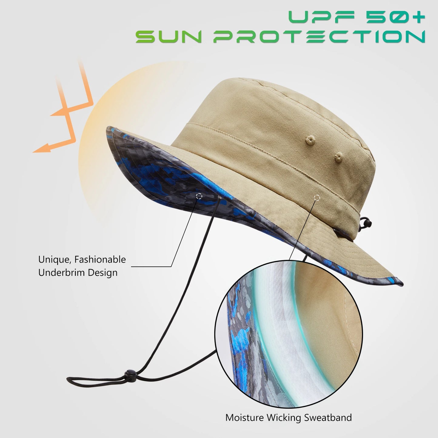 UPF 50+ Foldable Sun Hat Patterned Under Brim Bucket,Summer Hiking Fishing Beach Safari Men Women