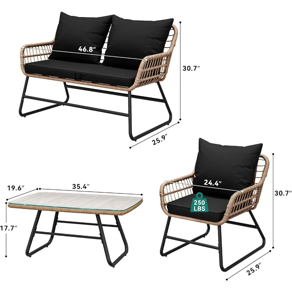 Outdoor Patio Set 4 Pieces, Wicker,Soft Cushion & Coffee Table, Rattan Bistro Set Patio Set Chairs
