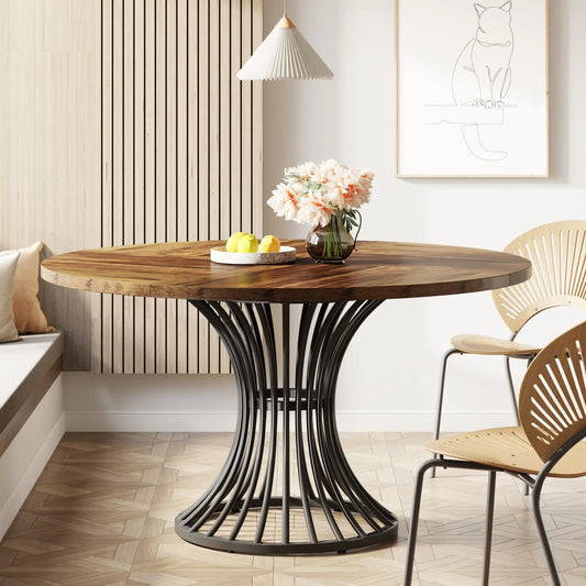 Round Indoor Dining Table for 4-6 People, 47-Inch Farmhouse Kitchen Table, Industrial Dinner Table