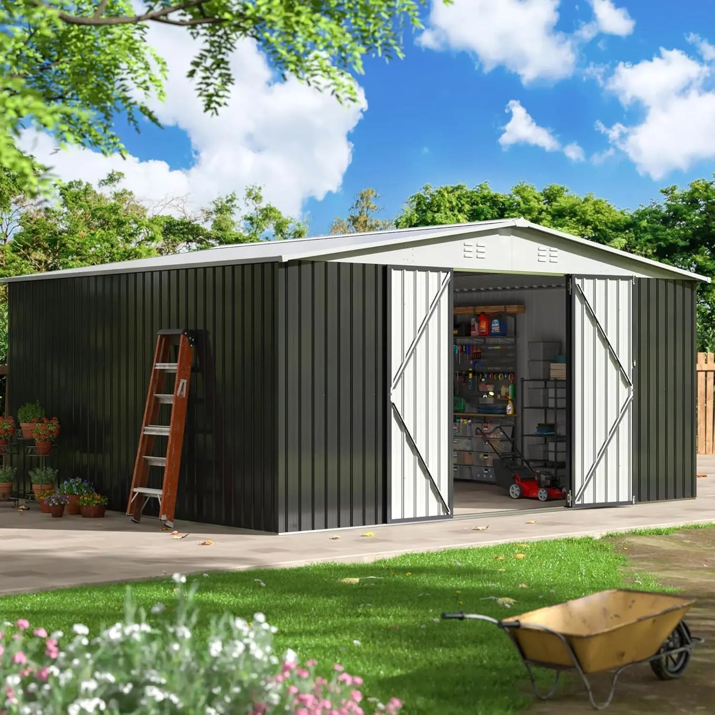 2025-hot12x14 FT Outdoor Storage Shed, Updated Frame Structure , Metal Tool Sheds, Backyard Garden
