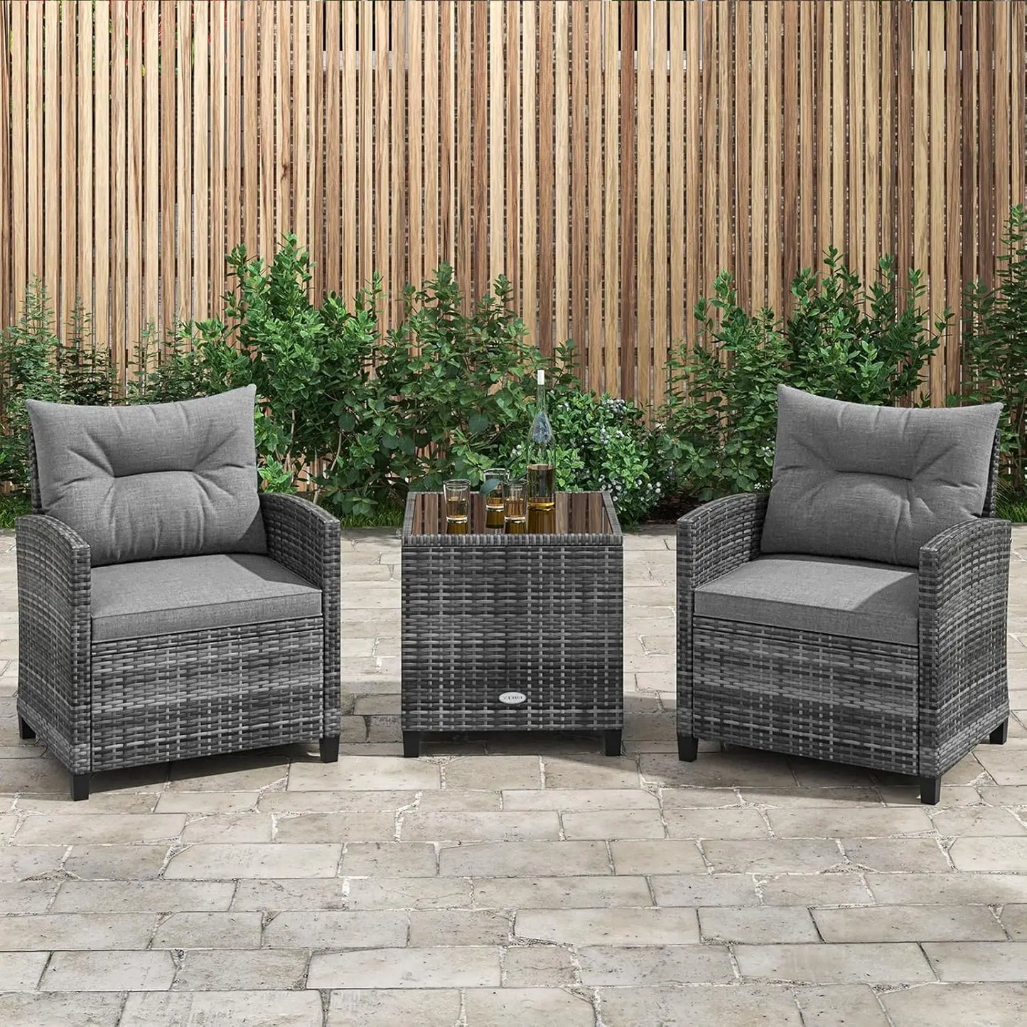 3 Piece Furniture Set, Outdoor Rattan Conversation Set Washable Cushions & Tempered Glass Tabletop