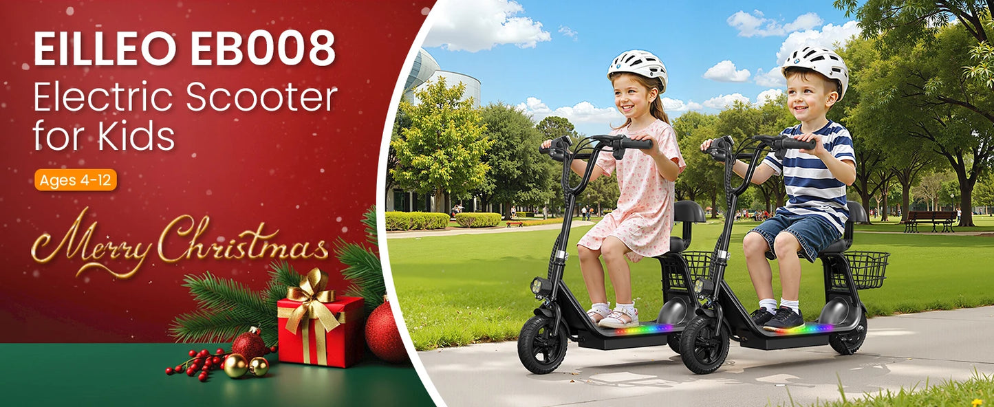 Kids E-Scooter, Blue tooth Speaker Foldable Design Seat, Basket LED Light Strip 11MPH Speed 132lbs