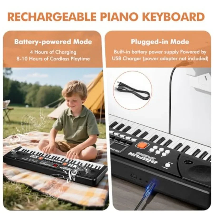 61Key Piano Keyboard, Beginners Rechargeable Electronic Music  Builtin Music Stand Microphone LED