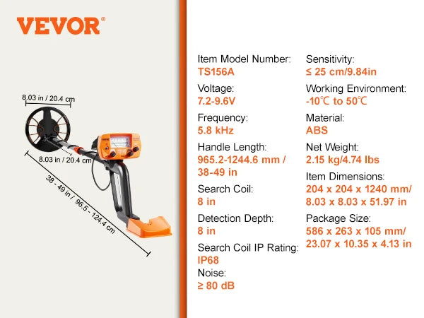 Metal Detector 8 Inch Waterproof Search Coil,High Accuracy Pointer Display Adjustable 38''-49'' Alum