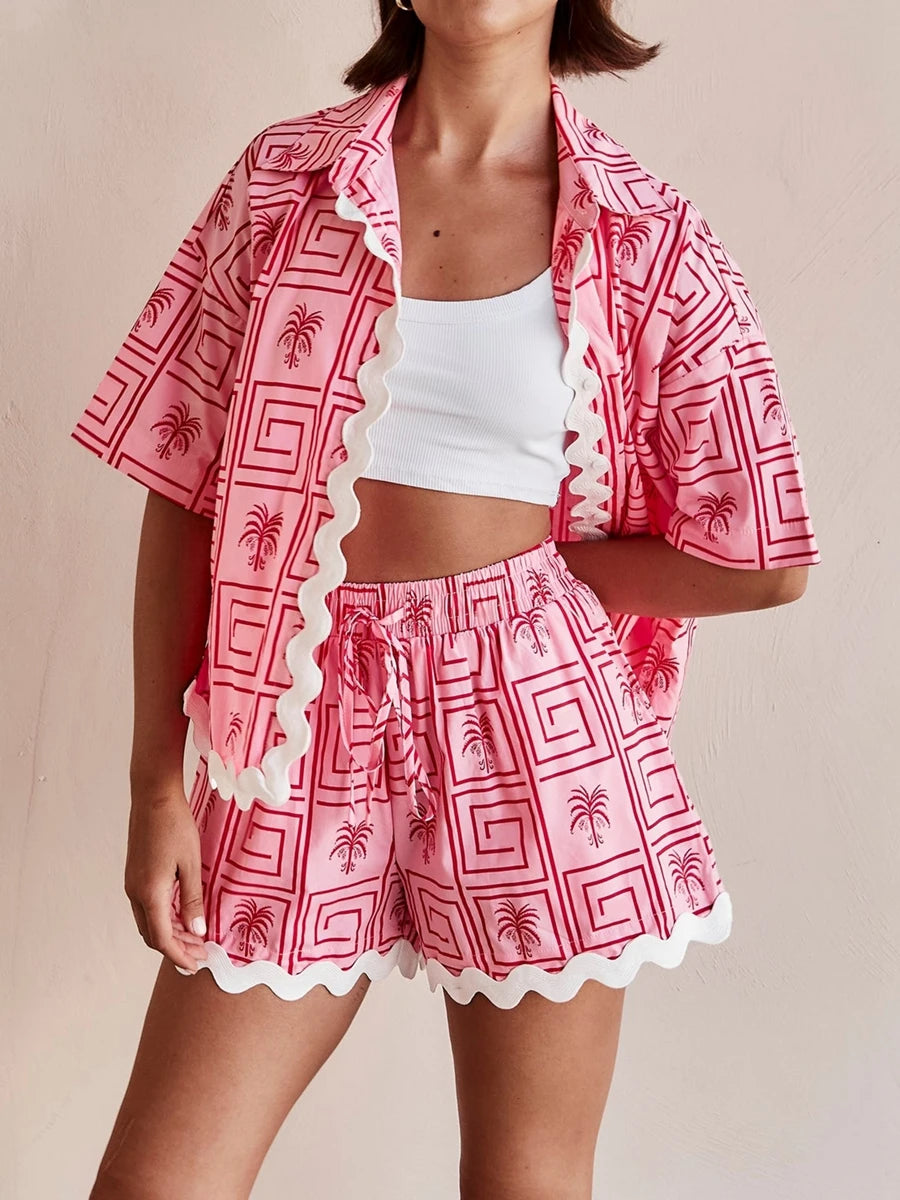 Women s Summer Loungewear Set Fashion Print Short Sleeve Lapel Button T-Shirt ,Trim Shorts Sleepwear
