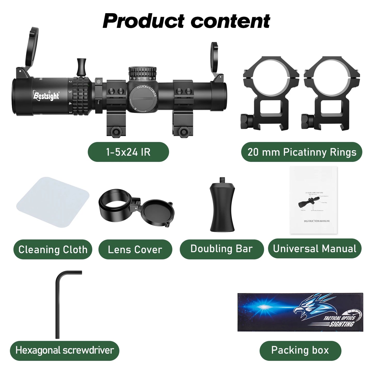 1-5X24 Tactical Optical Rifle Scope Red and Green Illuminated Reticle HScope Ar15 Sight