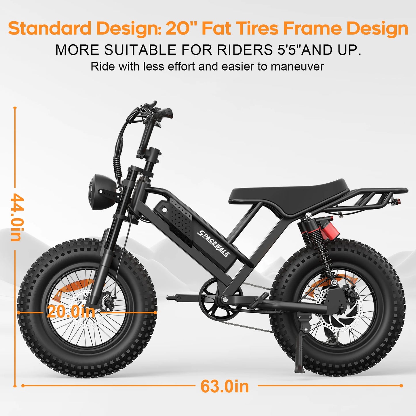 Mountain E-Bike , 20" Fat Tire Wider Seat 750W Peak Motor, Removable Battery, 4X Suspension